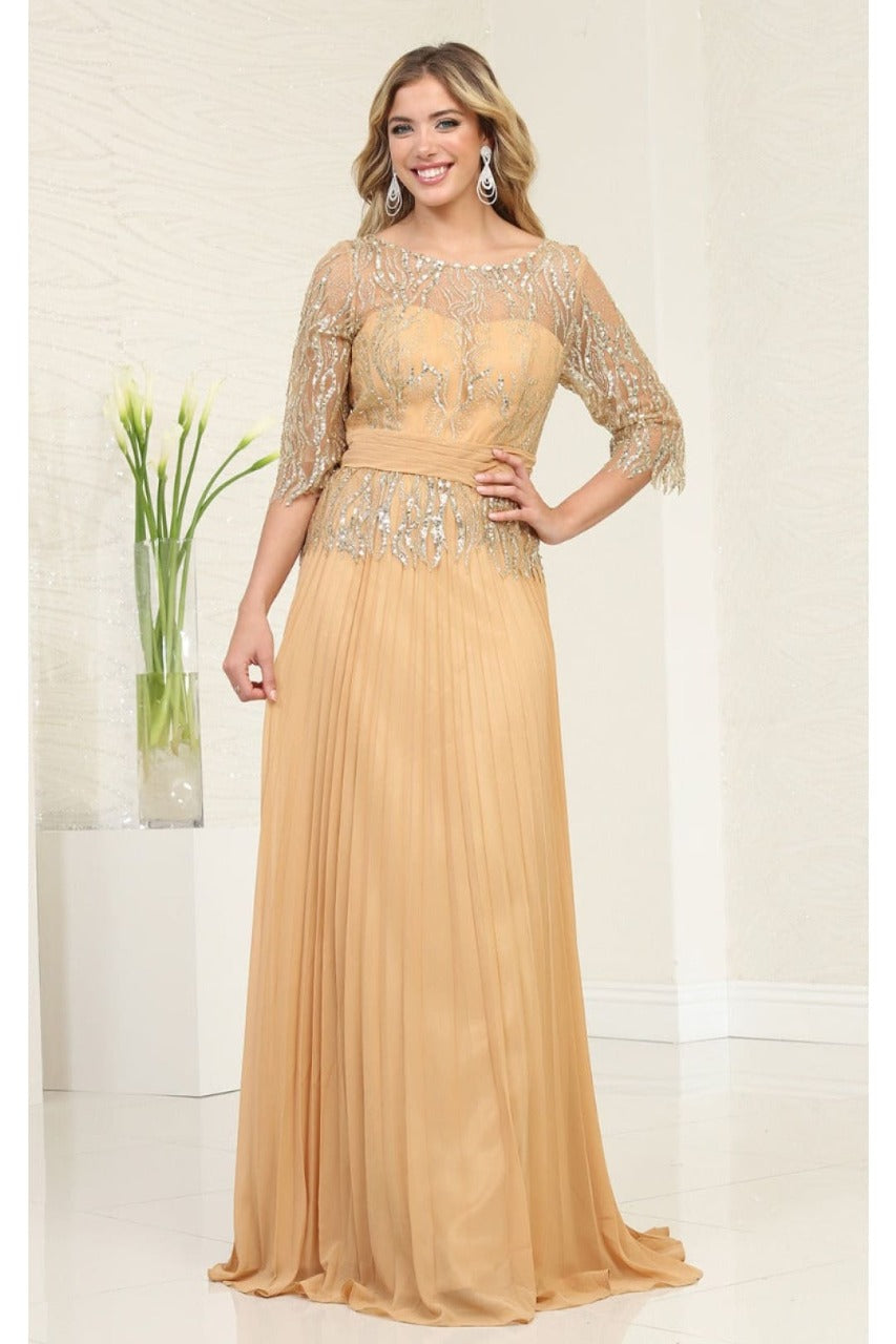 May Queen MQ2007 3/4 Sleeves Rhinestone Beaded Pleated Long Gown - Dress