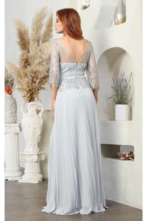 May Queen MQ2007 3/4 Sleeves Rhinestone Beaded Pleated Long Gown - Dress