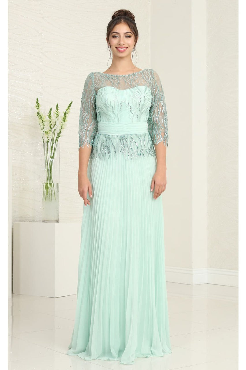 May Queen MQ2007 3/4 Sleeves Rhinestone Beaded Pleated Long Gown - Dress