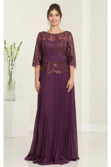 May Queen MQ2007 3/4 Sleeves Rhinestone Beaded Pleated Long Gown - Dress