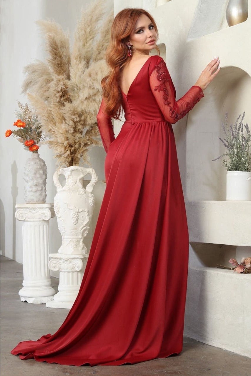 May Queen MQ2008 Beaded Embellished Sheer Long Sleeve Side Sash Dress