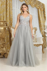 May Queen MQ2015 Sleeveless 3D Floral Embellished Tulle Gown - SILVER / 4 Dress