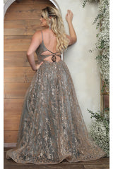 May Queen MQ2017 Floral Glitter Motif Backless Prom Evening Gown - Dress