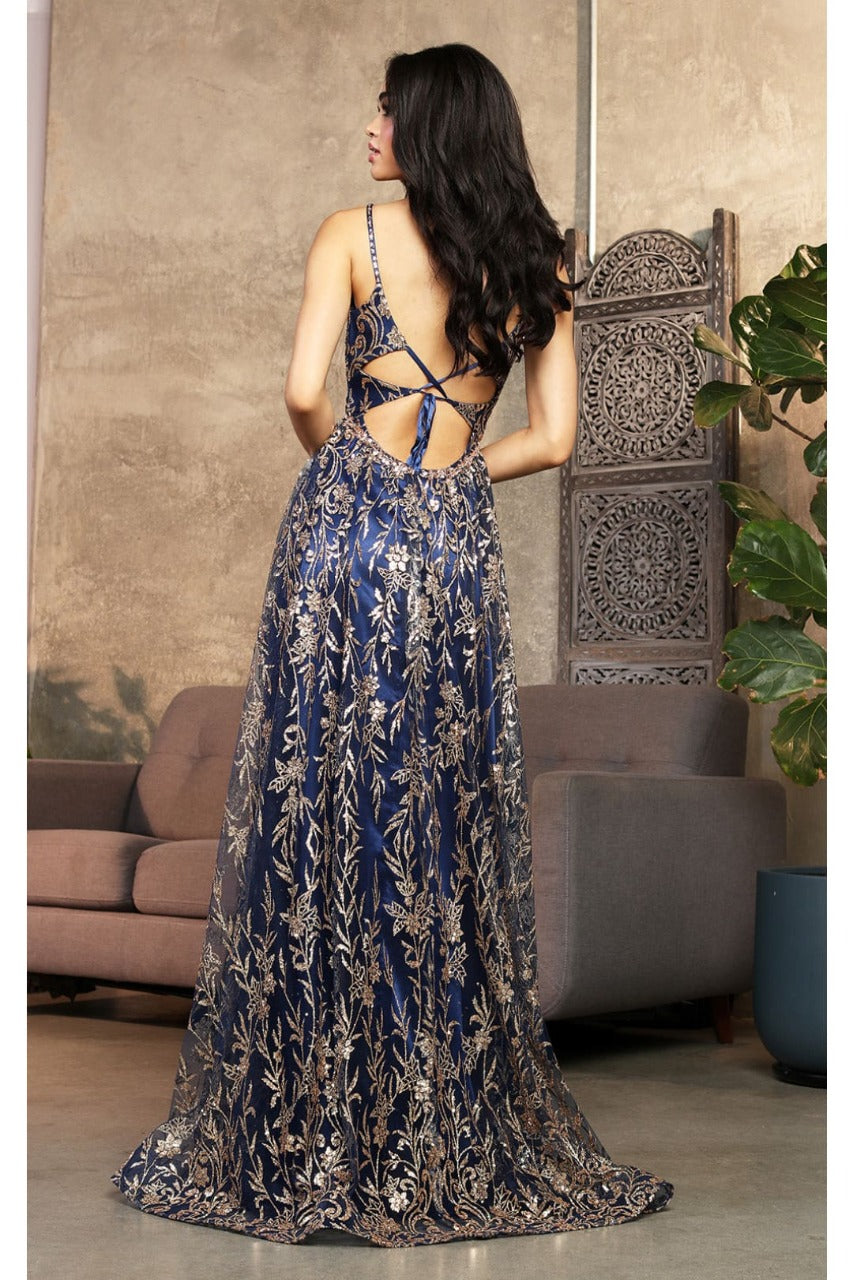 May Queen MQ2017 Floral Glitter Motif Backless Prom Evening Gown - Dress