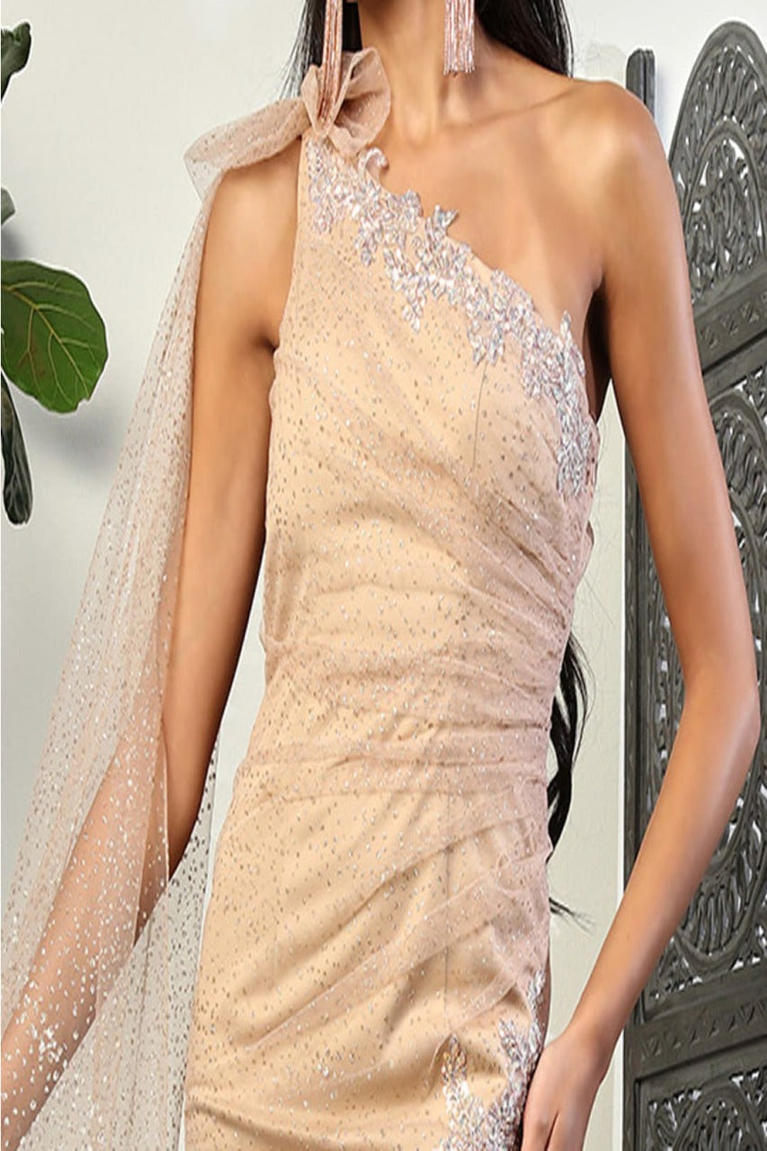 May Queen MQ2022 Asymmetrical Glitter Cappuccino Black-Tie Dress - Dress