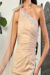 May Queen MQ2022 Asymmetrical Glitter Cappuccino Black-Tie Dress - Dress