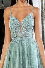 May Queen MQ2025 Lace Appliqued Spaghetti Strap Glitter Hoco Dress - Dress