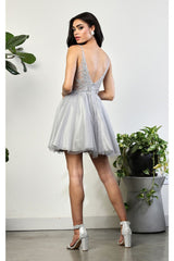 May Queen MQ2025 Lace Appliqued Spaghetti Strap Glitter Hoco Dress - Dress