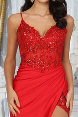 May Queen MQ2032 Spaghetti Strap Embellished Slit Evening Dress - Dress