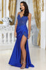 May Queen MQ2032 Spaghetti Strap Embellished Slit Evening Dress - ROYAL / 2 - Dress