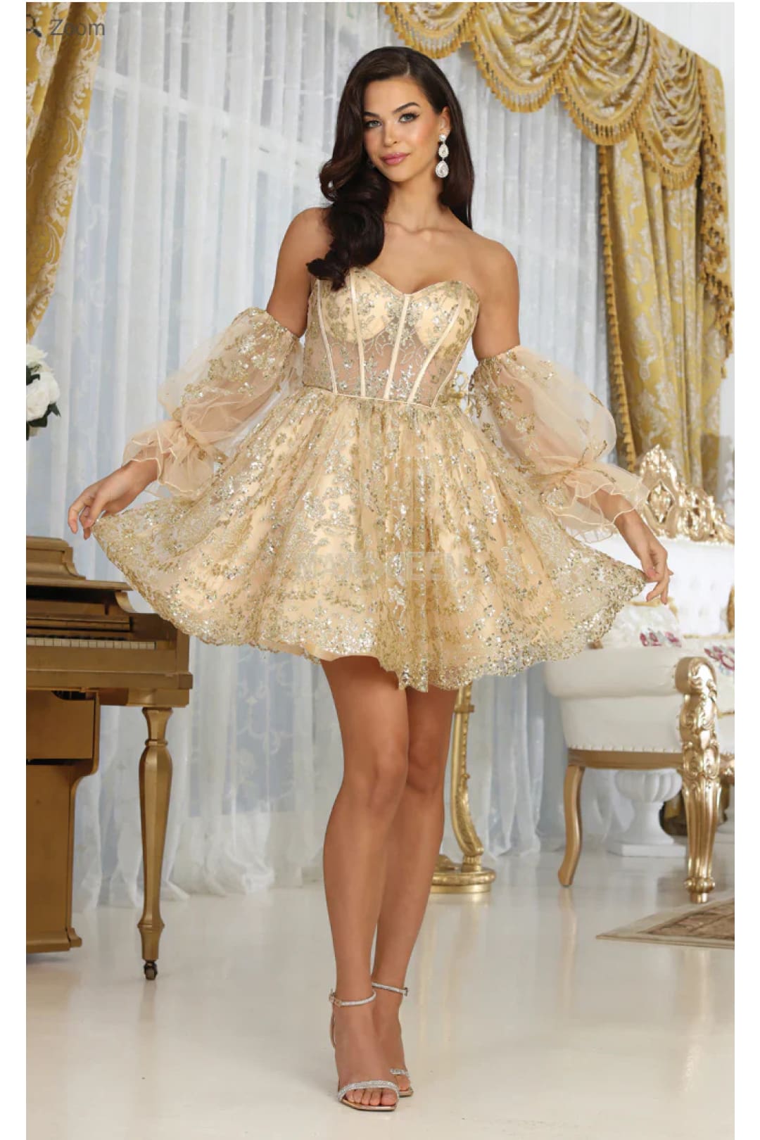 May Queen MQ2041 Detachable Sleeves Sweetheart Glitter Cocktail Dress - Dress