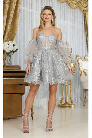 May Queen MQ2041 Detachable Sleeves Sweetheart Glitter Cocktail Dress - Dress