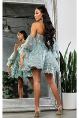 May Queen MQ2041 Detachable Sleeves Sweetheart Glitter Cocktail Dress - Dress