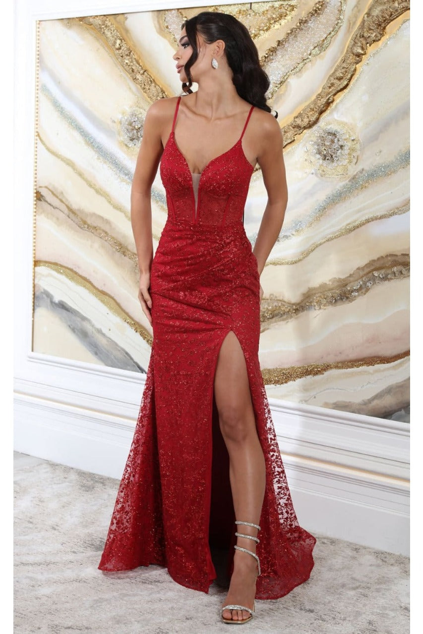 May Queen MQ2054 Spaghetti Strap Gala High Slit Long Dress - Dress