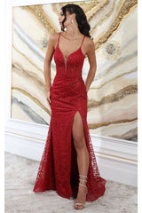 May Queen MQ2054 Spaghetti Strap Gala High Slit Long Dress - Dress