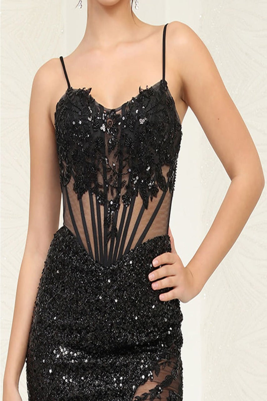 May Queen MQ2055 Corset Lace Embellished Prom Sequin Gown - Dress