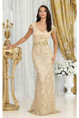 May Queen MQ2062 Floral Appliqued Long Mesh Formal Gown - Dress