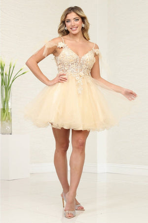 May Queen MQ2066 Sheer Bodice Floral Graduation Short Dress - Dress