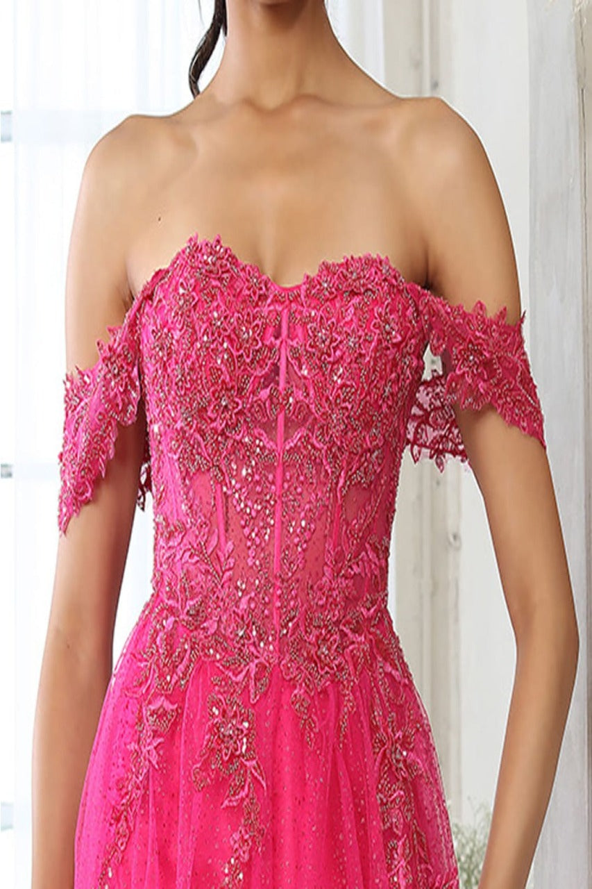 May Queen MQ2079 Off-Shoulder Glitter Prom A-Line Long Gown - Dress