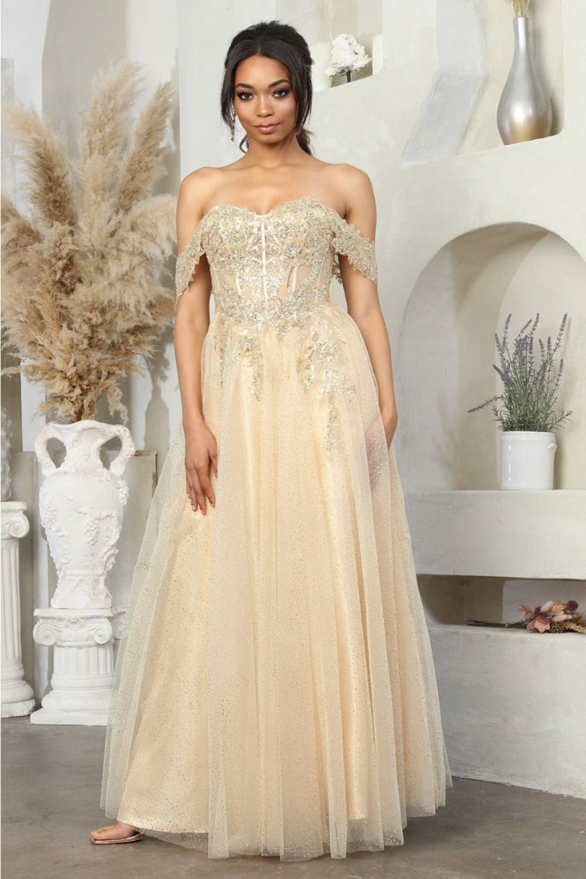 May Queen MQ2079 Off-Shoulder Glitter Prom A-Line Long Gown - CHAMPAGNE / 4 - Dress