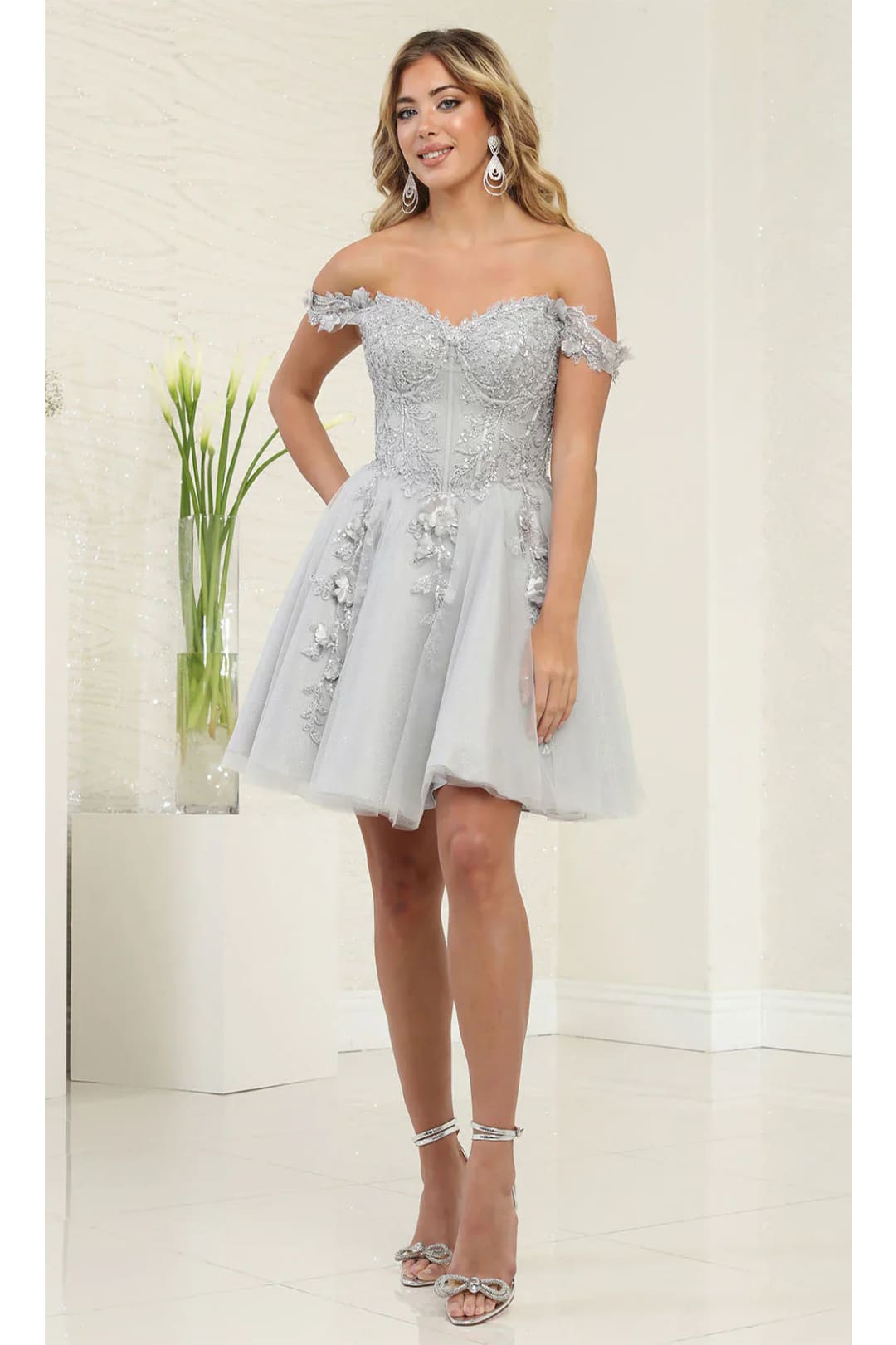 May Queen MQ2081 Strapless Off-Shoulder Dress with Short Sleeves - Ivory / 8 - Dress