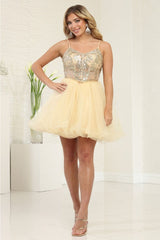 May Queen MQ2082 A-Line Glitter Spaghetti Strap Party Dress - CHAMPAGNE / 2 - Dress