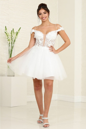 May Queen MQ2090 Cold-Shoulder Fitted Bodice Hoco Short Dress - IVORY / 2 - Dress