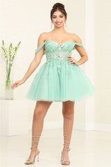 May Queen MQ2091 Off-Shoulder Corset Floral Cocktail Dress - SAGE / 2 - Dress