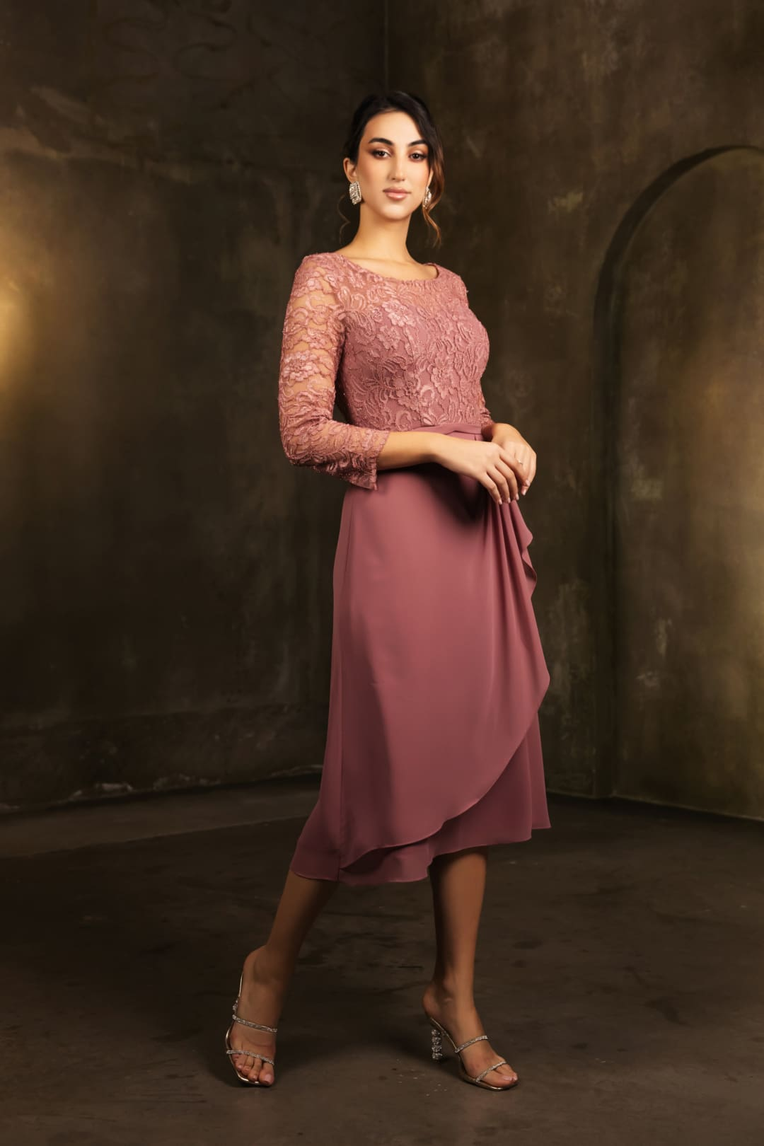 May Queen MQ2100 3/4 Sleeves Tea Length Mother of the Bride Dress - DUSTY ROSE / M - Dress