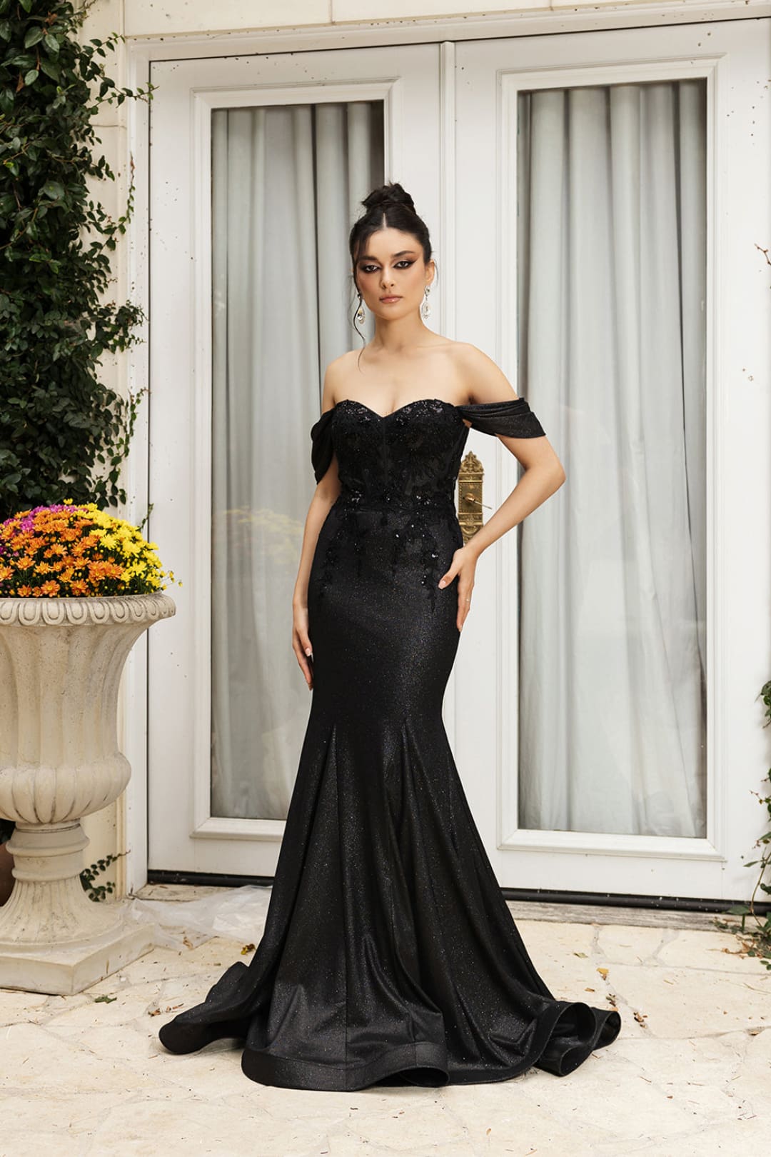 May Queen MQ2104 Draped Sleeves Corset Glitter Red Carpet Gown - Dress