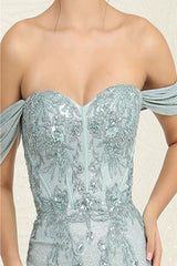 May Queen MQ2104 Draped Sleeves Corset Glitter Red Carpet Gown - Dress