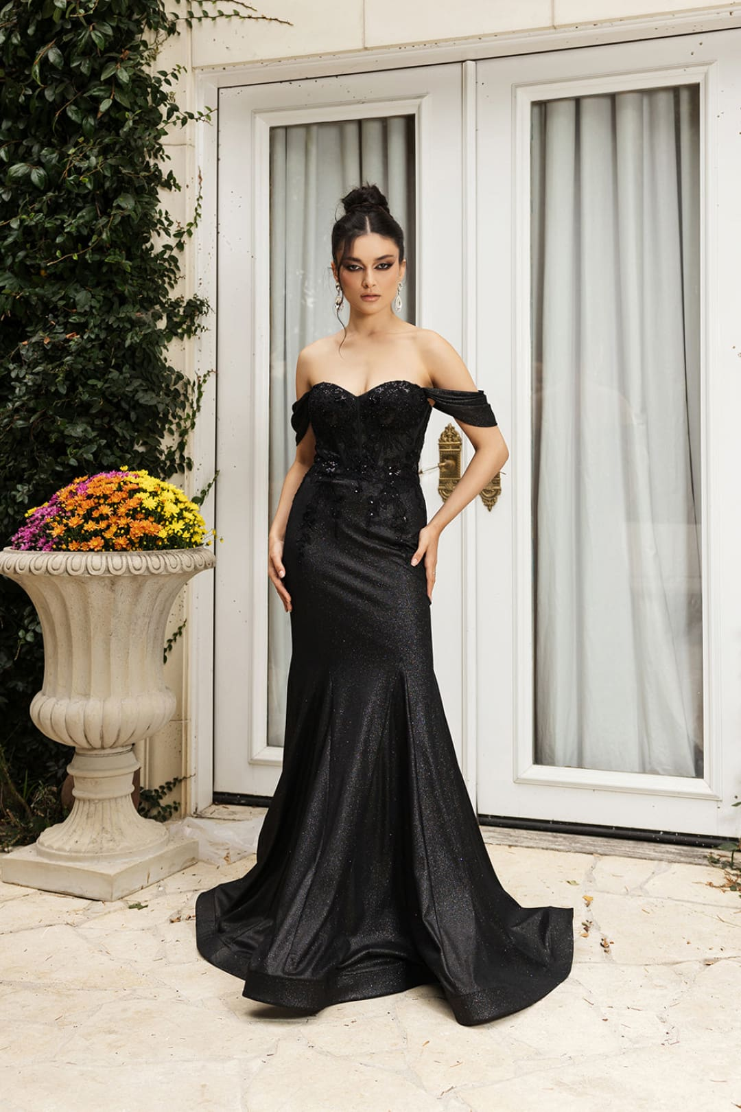 May Queen MQ2104 Draped Sleeves Corset Glitter Red Carpet Gown - BLACK / 4 - Dress