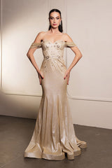 May Queen MQ2104 Draped Sleeves Corset Glitter Red Carpet Gown - GOLD / 4 - Dress