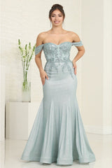 May Queen MQ2104 Draped Sleeves Corset Glitter Red Carpet Gown - SAGE / 4 - Dress