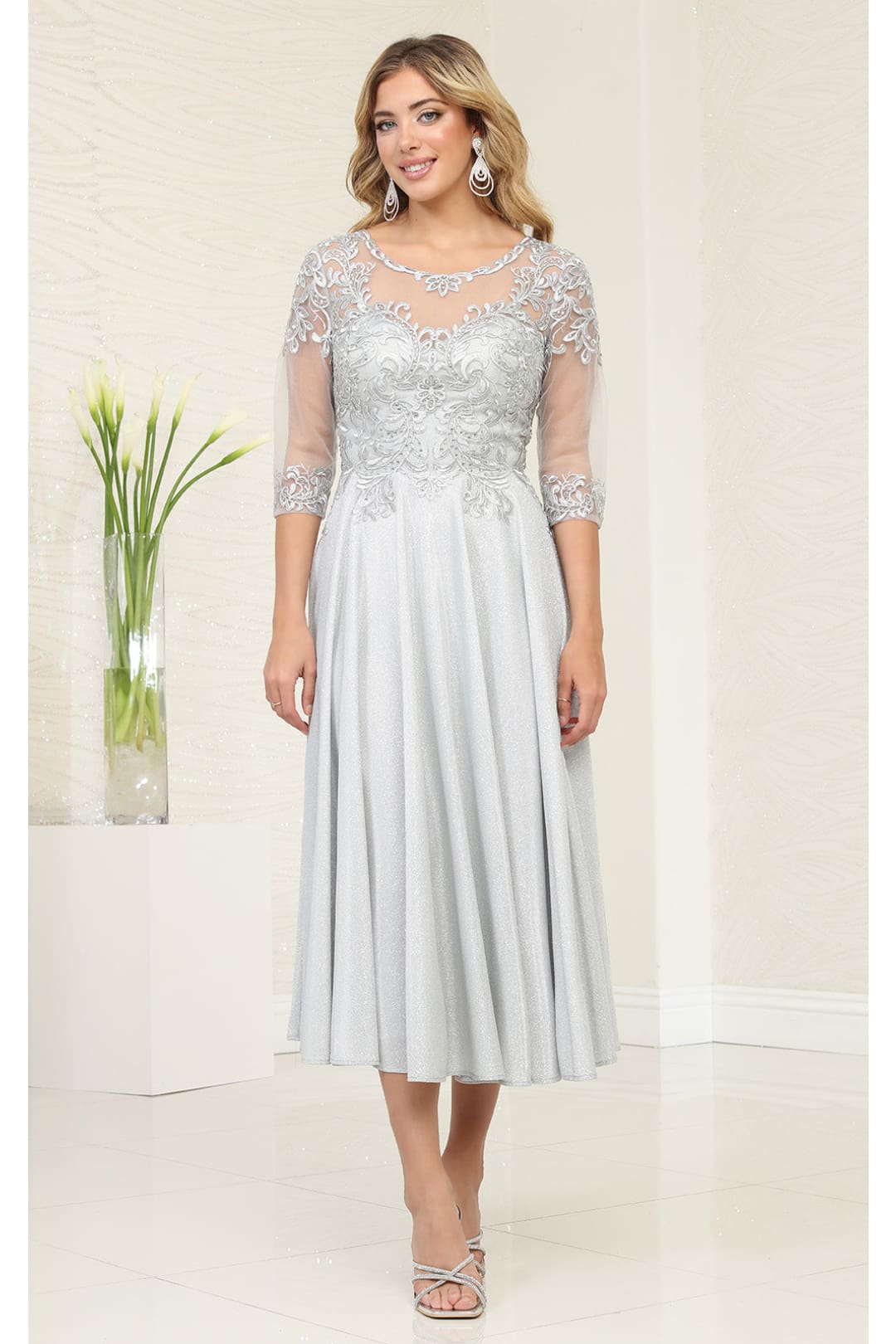 Mother Of The Bride A-Line Round Neck Semi Formal Dress By May Queen MQ2057 - SILVER / M - Dress
