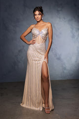 Pageant Dress V-Neck Sleeveless Sheath Gala Gown By Royal Queen RQ8151 - CHAMPAGNE / 4 - Dress