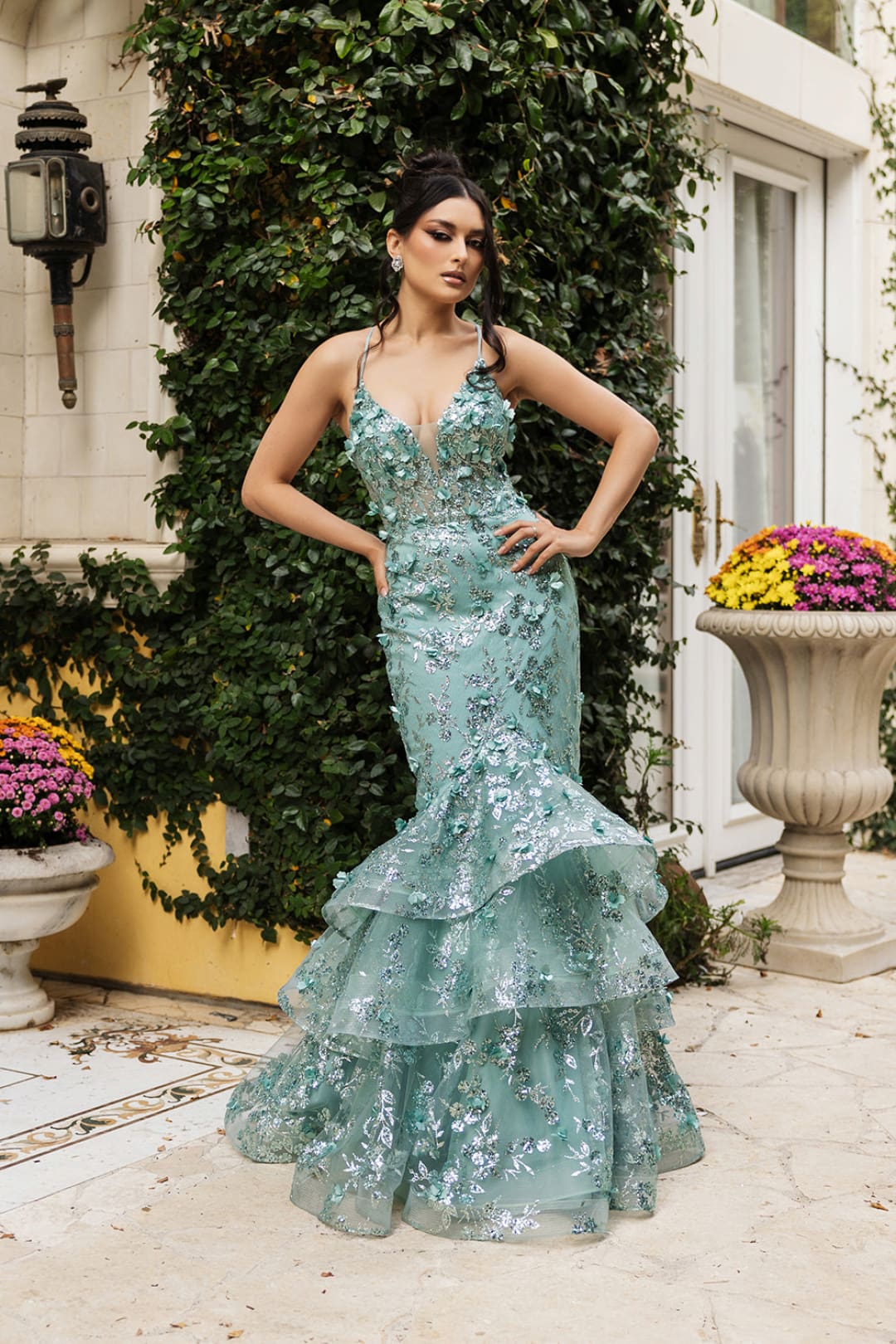 Prom Dress Plunging V-Neck Beaded Formal Gown By Royal Queen RQ8148 - SAGE / 4 - Dress