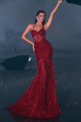 Portia and Scarlett's Enchanting Feathered Trumpet Gown: Elevate Your Special Moments