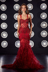 Portia and Scarlett: Enchanting Feather Embroidered Trumpet Gown for Unforgettable Occasions