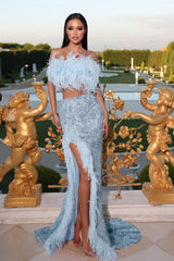 **Portia and Scarlett's Enchanting Feather-Fringed Mermaid Gown**