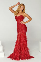 Enchanting Red Feather Gown for Unforgettable Occasions by Portia and Scarlett