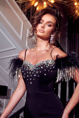 Enchanting Portia and Scarlett Gown: Shimmering Crystals and Feather-Embellished Elegance