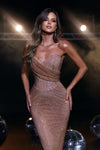 **Captivating Elegance: Portia and Scarlett's Gilded Mesh Gown for Unforgettable Occasions**