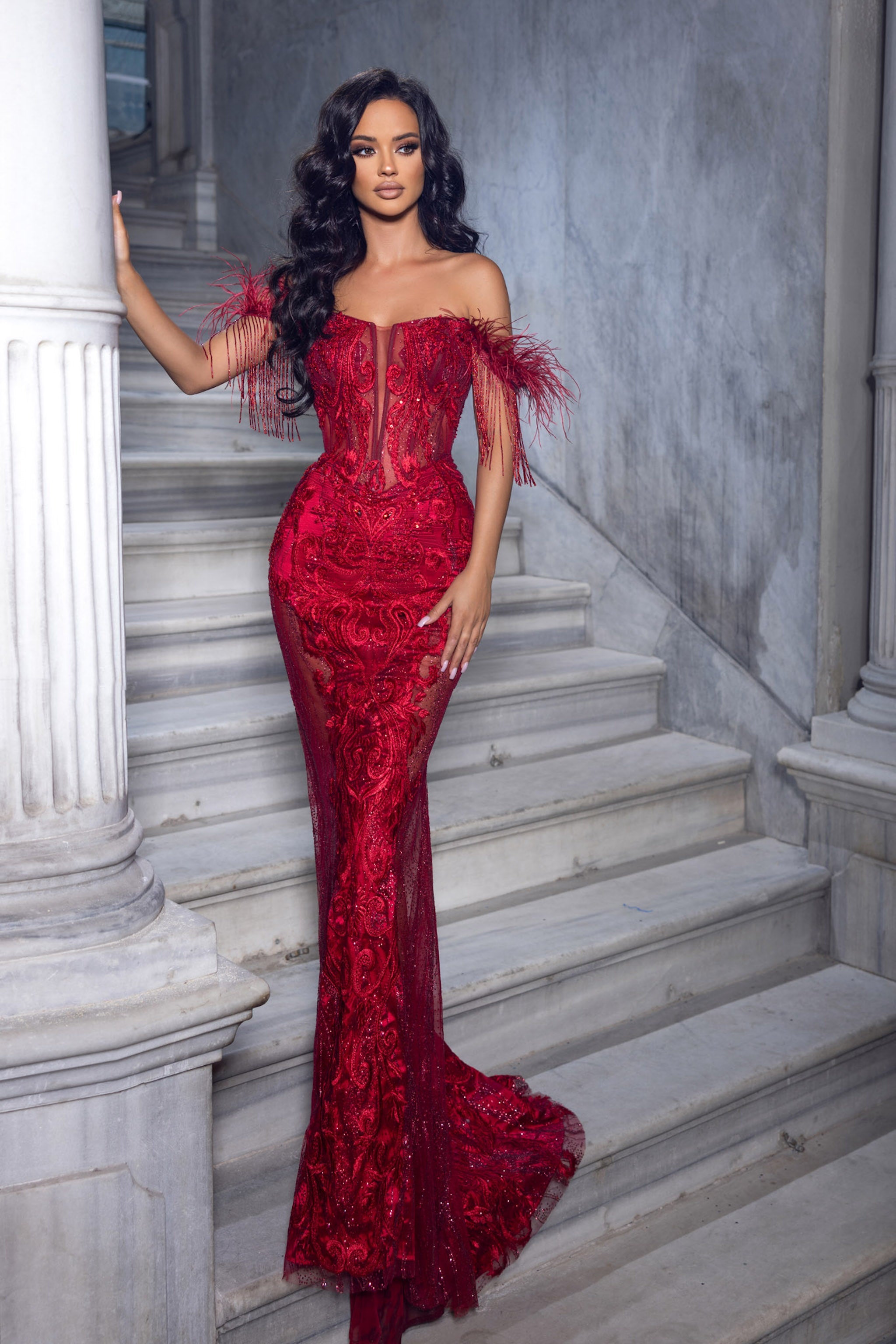 Enchanting Lace and Feather Mermaid Gown by Portia and Scarlett