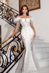 Enchanting Lace and Feather Mermaid Gown by Portia and Scarlett