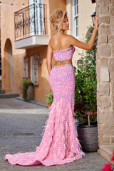 **Enchanting Two-Piece Beaded Gown with Feather Flair by Portia and Scarlett**