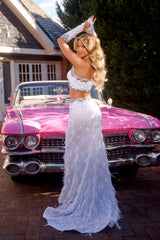Captivating Two-Piece Gown with Beaded Bodice and Feather-Adorned Skirt by Portia and Scarlett