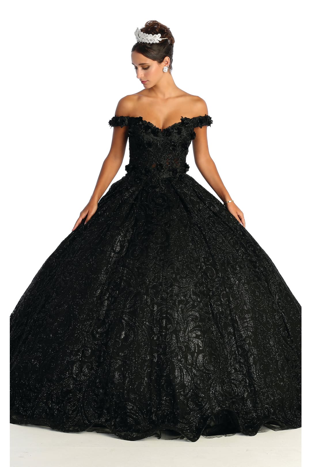 Quinceanera Dress Ball Gown Embroidered Glitter Off Shoulder LK169 - BLACK / 2 - Dress