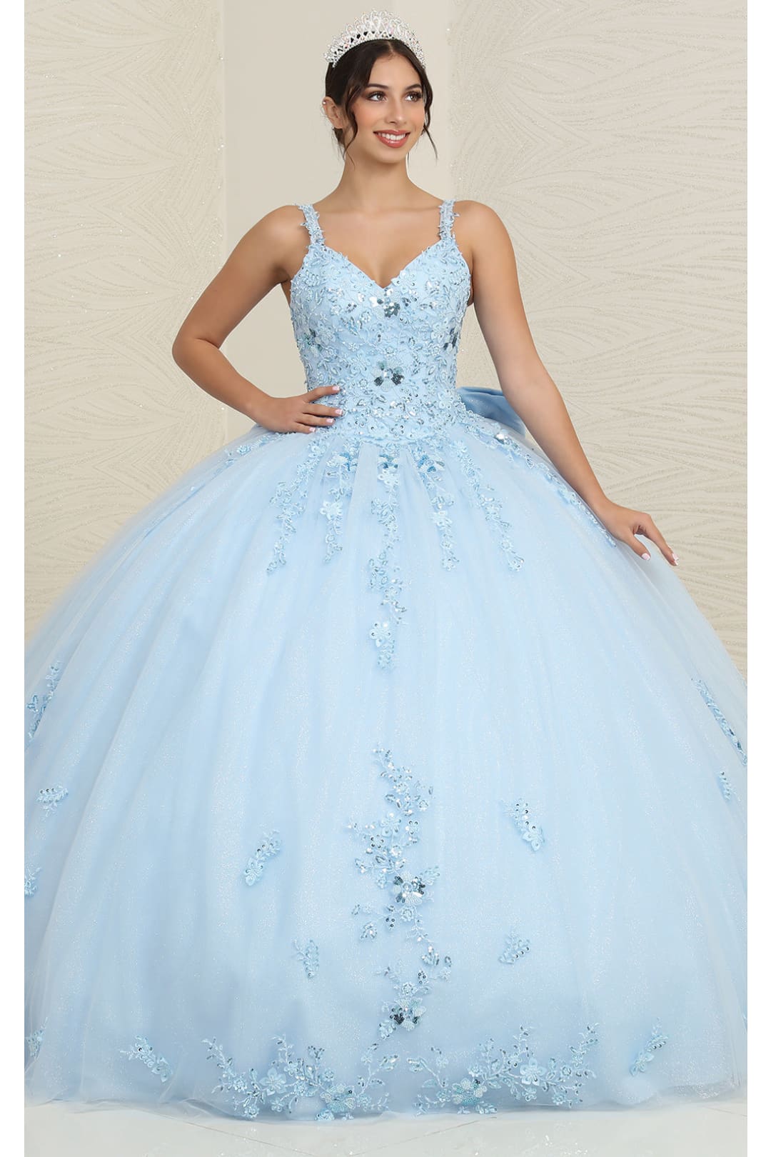 Quinceanera Dress Ball Gown in Mesh Glitter Bow Train by Layla K LK174 - BABY BLUE / 4 - Dress