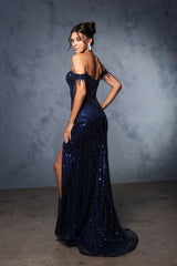 Red Carpet Dress Off-Shoulder Sequin High Split By May Queen MQ2132 - Dress